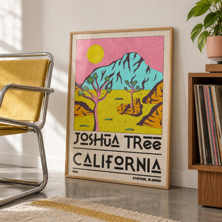 Joshua Tree Art Print shown in a living room, leaning on the floor by a chrome chair (frame not included)