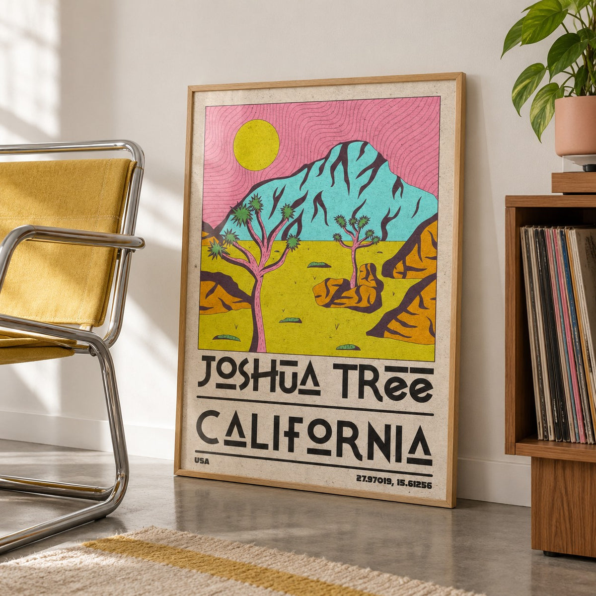 Joshua Tree Art Print shown in a living room, leaning on the floor by a chrome chair (frame not included)