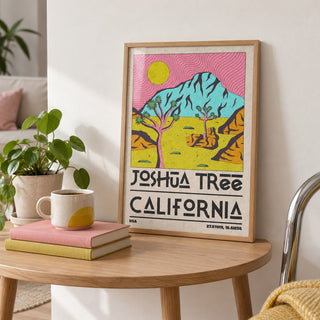 Joshua Tree Art Print shown in the small A4 size on a side table (frame not included)