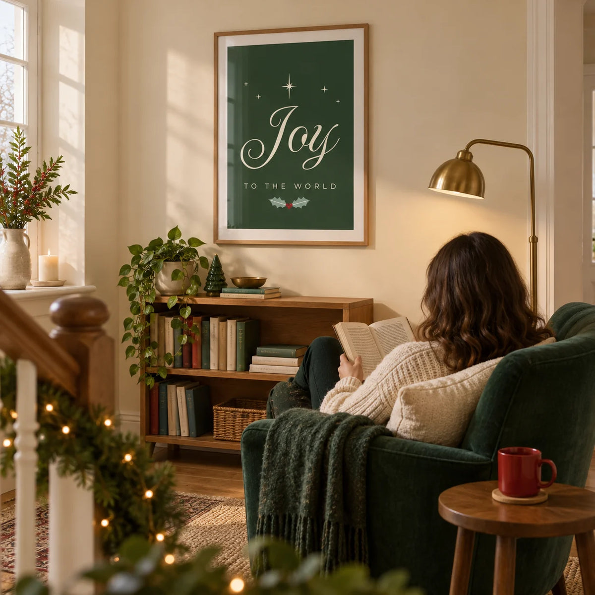 Joy to the World Print, framed on the wall of a quiet festive reading corner on a spacious landing with a warm cream wall in a living room