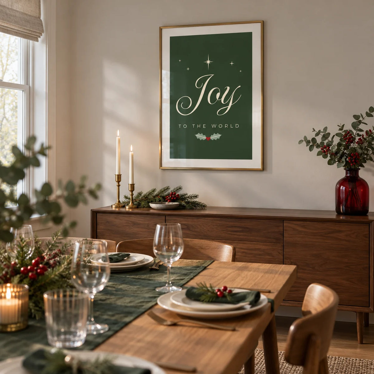 Joy to the World Print, framed on the wall of a refined Christmas dining room in a modest UK family home with pale warm grey walls and an oak dining table