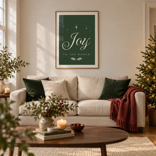 Joy to the World Print, framed on the wall of a welcoming contemporary living room in a UK terraced house with warm white walls and an oak floor