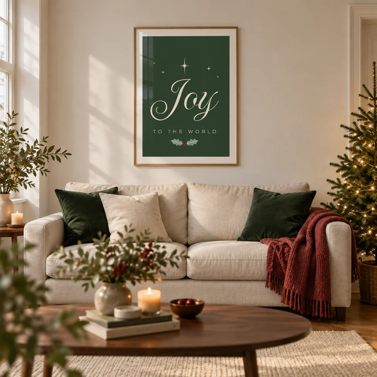 Joy to the World Print, framed on the wall of a welcoming contemporary living room in a UK terraced house with warm white walls and an oak floor