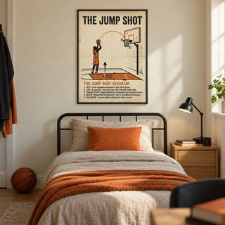 Jump Shot Diagram Print, framed on the wall of a basketball-loving teenager's bedroom (13-17) in a UK family home with a warm cream wall and oak floor