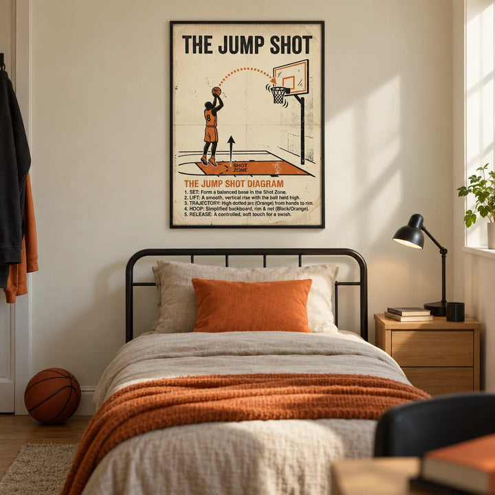Jump Shot Diagram Print, framed on the wall of a basketball-loving teenager's bedroom (13-17) in a UK family home with a warm cream wall and oak floor