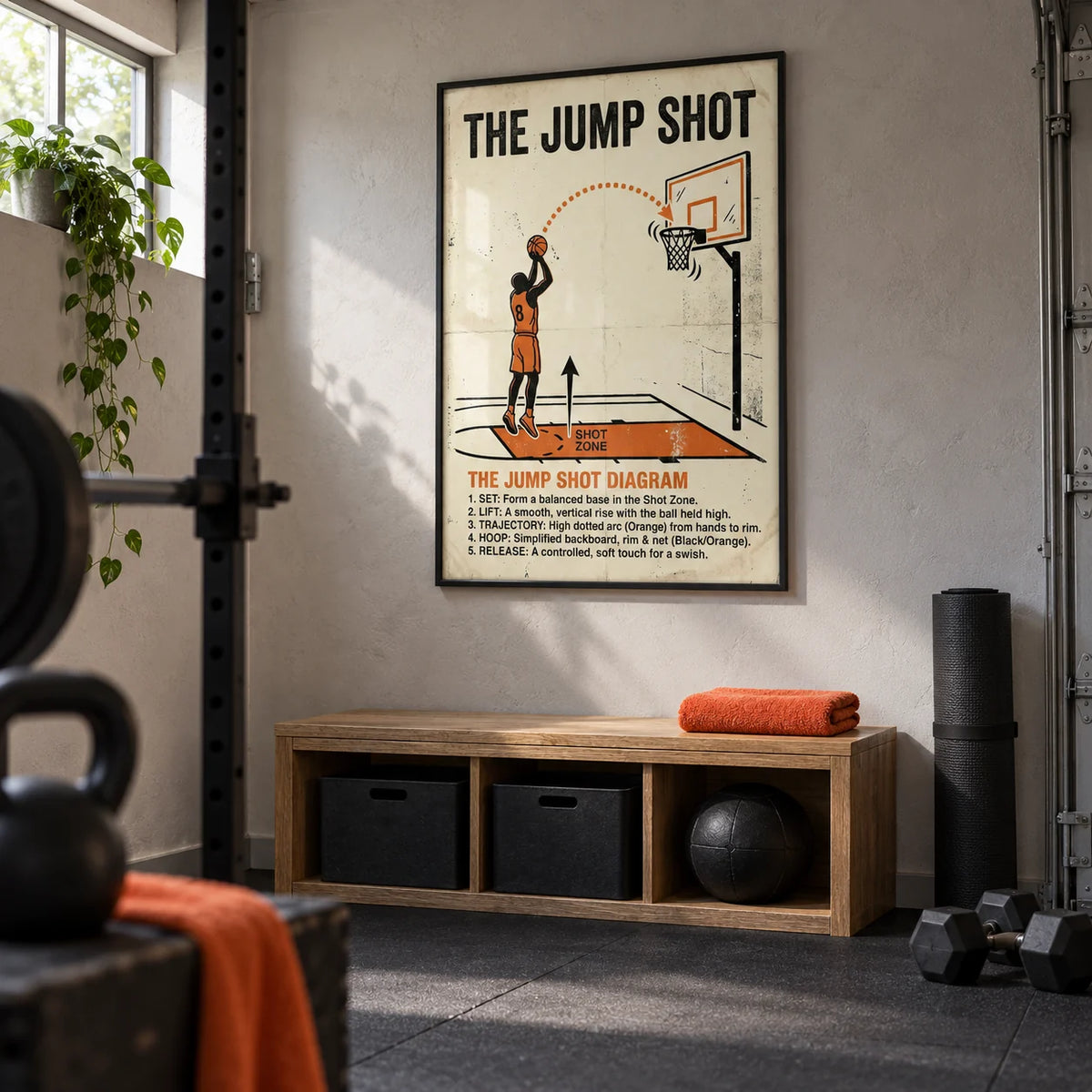 Jump Shot Diagram Print, framed on the wall of a compact home gym in a converted UK garage with a pale grey plaster wall and black rubber flooring