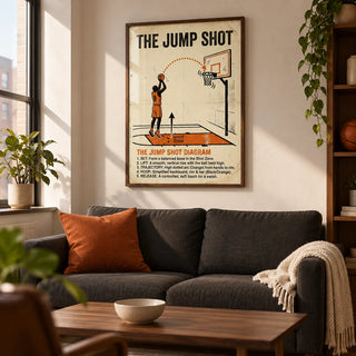 Jump Shot Diagram Print, framed on the wall of a modern living room in a basketball fan's first UK flat (22-28) with a warm white wall and walnut furniture