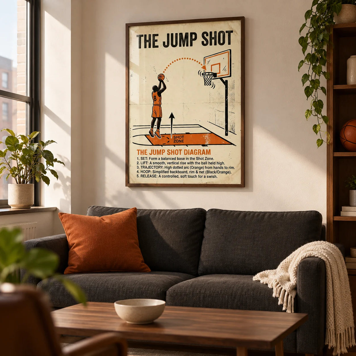 Jump Shot Diagram Print, framed on the wall of a modern living room in a basketball fan's first UK flat (22-28) with a warm white wall and walnut furniture