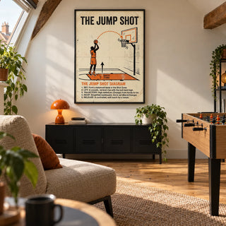 Jump Shot Diagram Print, framed on the wall of a relaxed games room in a converted loft of a UK terraced house with a cream gable wall and warm timber floor in a living room
