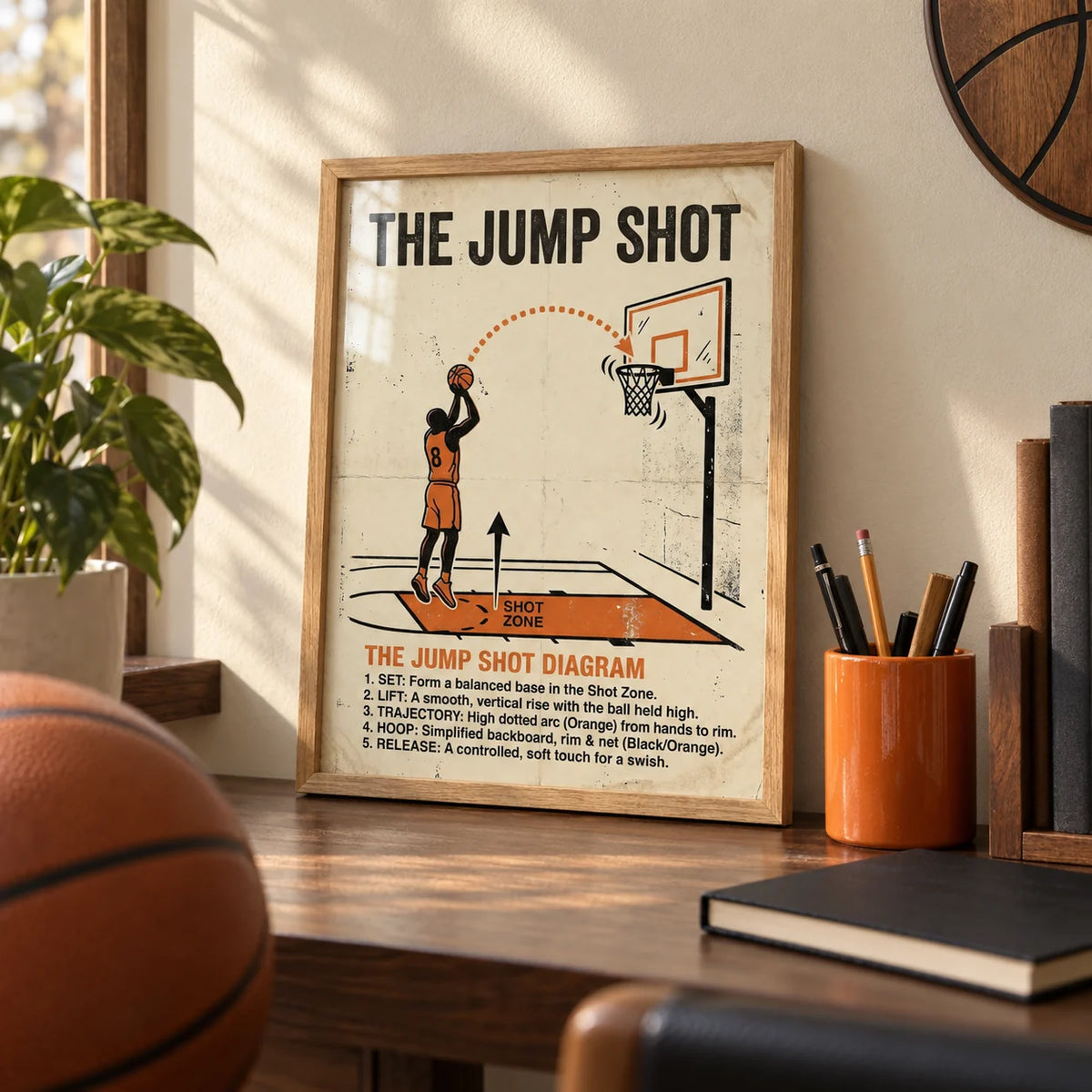 Jump Shot Diagram Print, a small A4 framed print leaning on a walnut desk