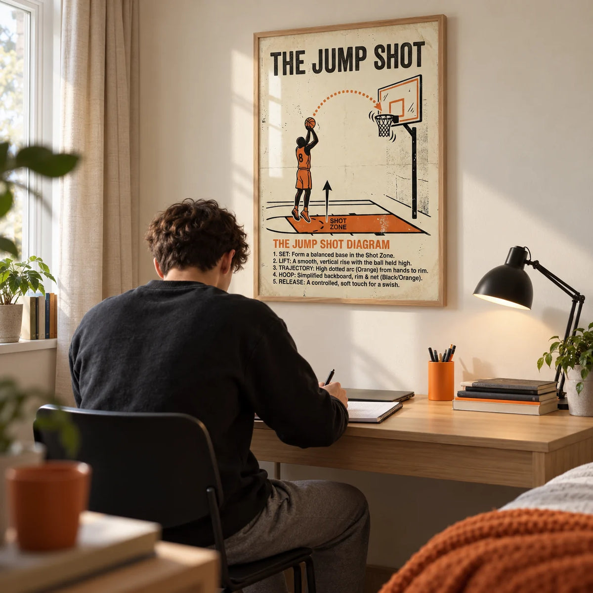 Jump Shot Diagram Print, framed on the wall of a tidy study corner in a UK student flat for a basketball fan aged 18-21 with a cream wall