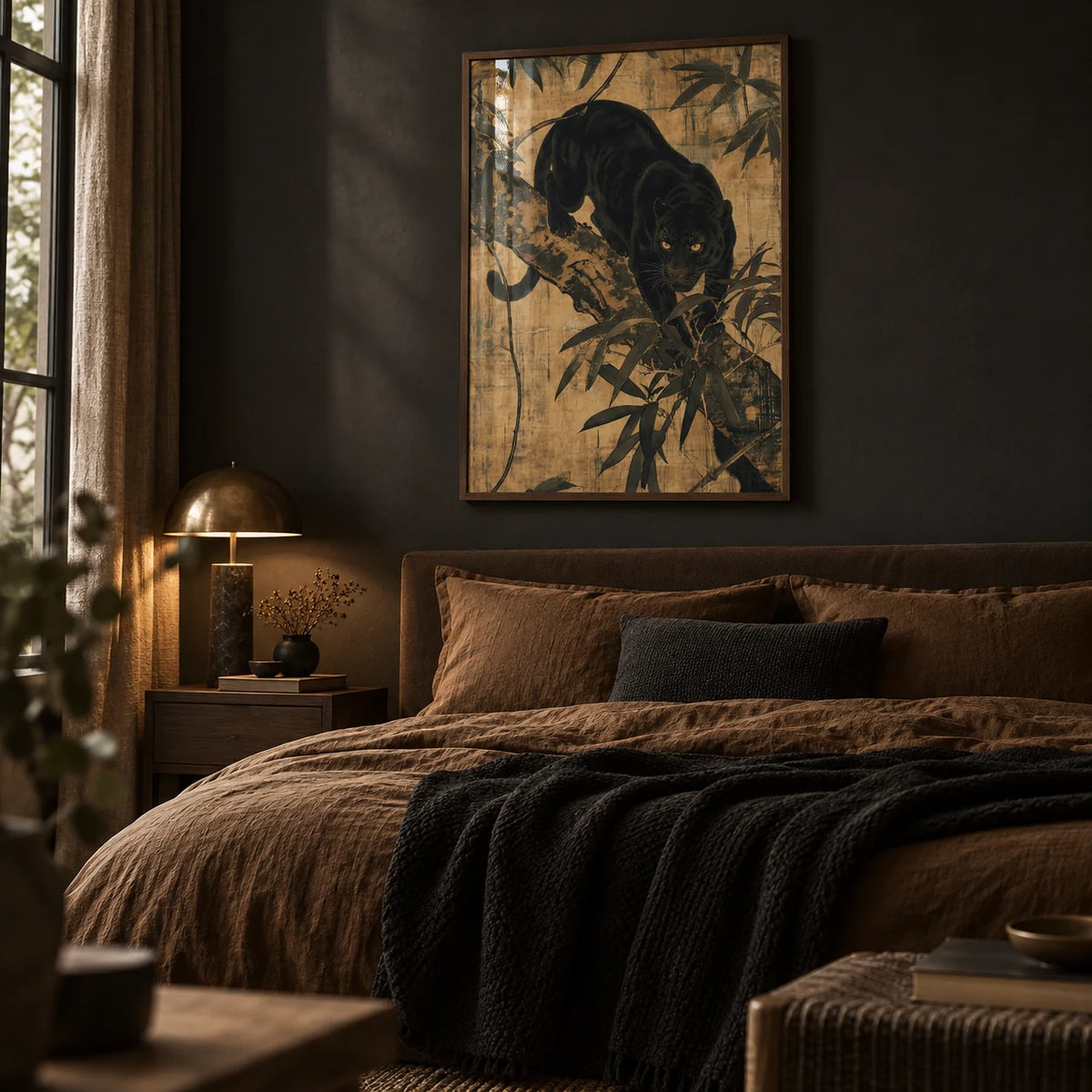 Jungle Wall Art, framed on the wall of a dark, cosy bedroom with a charcoal wall