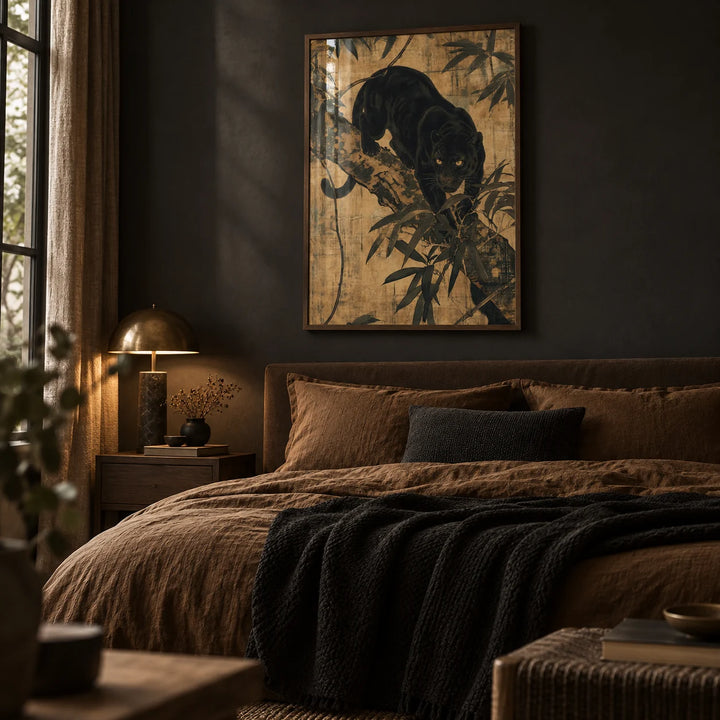 Jungle Wall Art, framed on the wall of a dark, cosy bedroom with a charcoal wall
