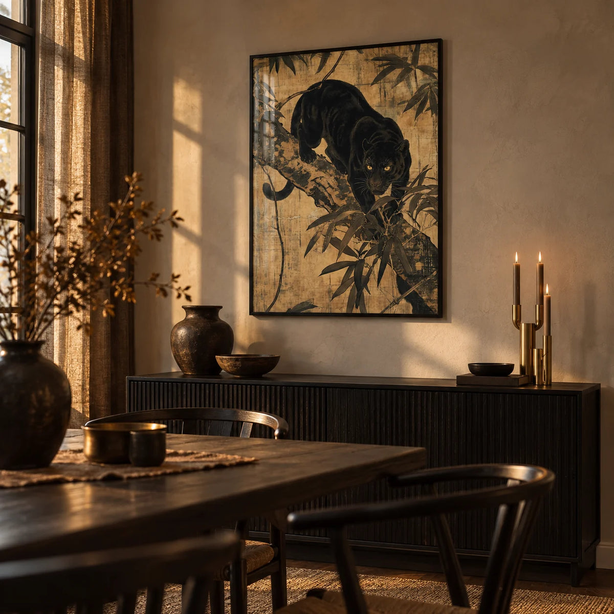 Jungle Wall Art, framed on the wall of a moody dining room