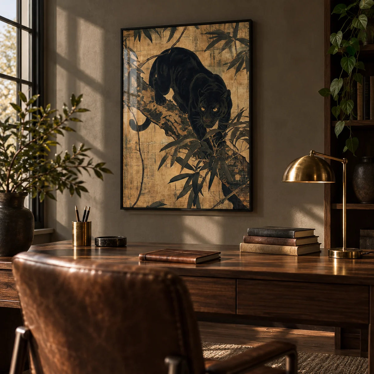 Jungle Wall Art, framed on the wall of a moody home study