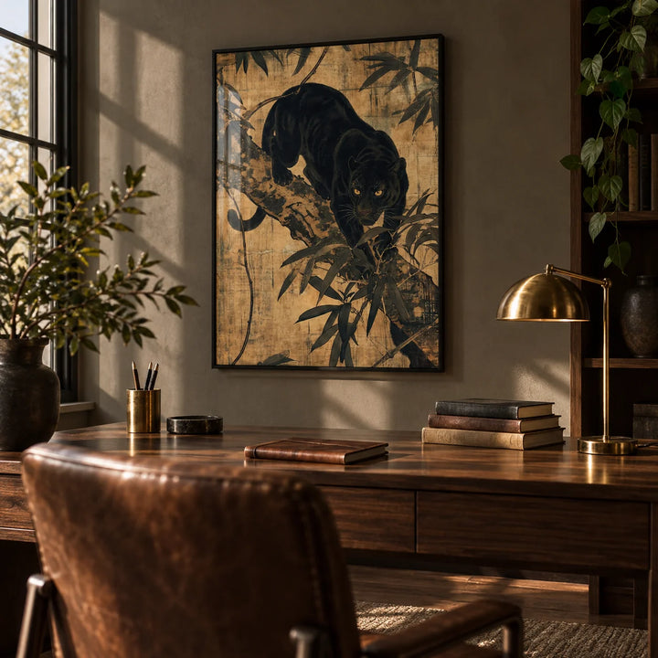 Jungle Wall Art, framed on the wall of a moody home study