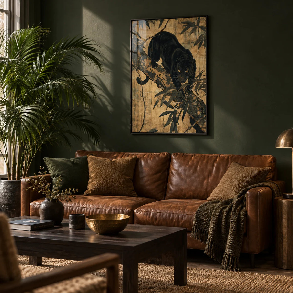 Jungle Wall Art, framed on the wall of a moody living room with a deep green wall
