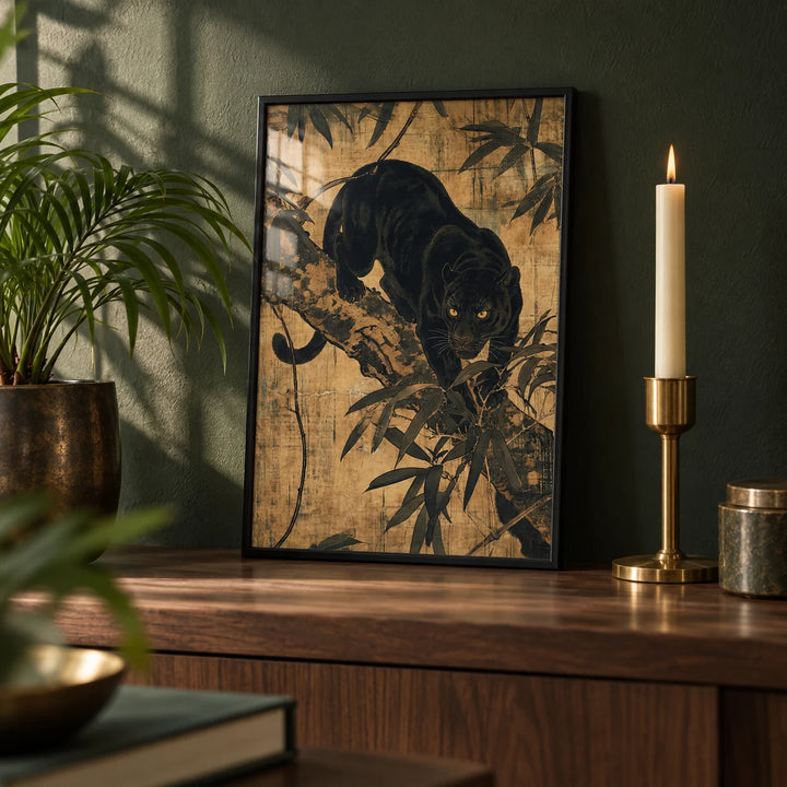 Jungle Wall Art, a small A4 framed print leaning on a walnut shelf in a living room