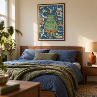 Kappa Art, framed on the wall of a calm adult bedroom in a UK flat with warm cream walls and simple Japanese-inspired timber furniture