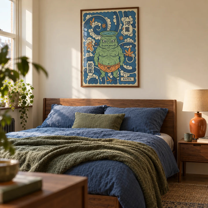 Kappa Art, framed on the wall of a calm adult bedroom in a UK flat with warm cream walls and simple Japanese-inspired timber furniture