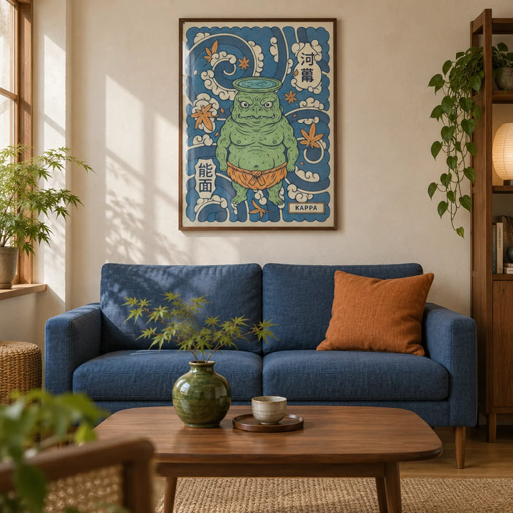 Kappa Art, framed on the wall of a characterful Japanese-inspired living room in a UK city flat with warm cream plaster walls and an oak floor