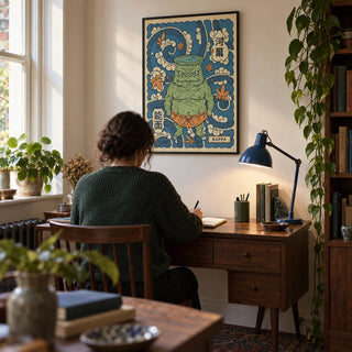 Kappa Art, framed on the wall of a compact home study for a folklore enthusiast (25-40) in a Victorian terrace
