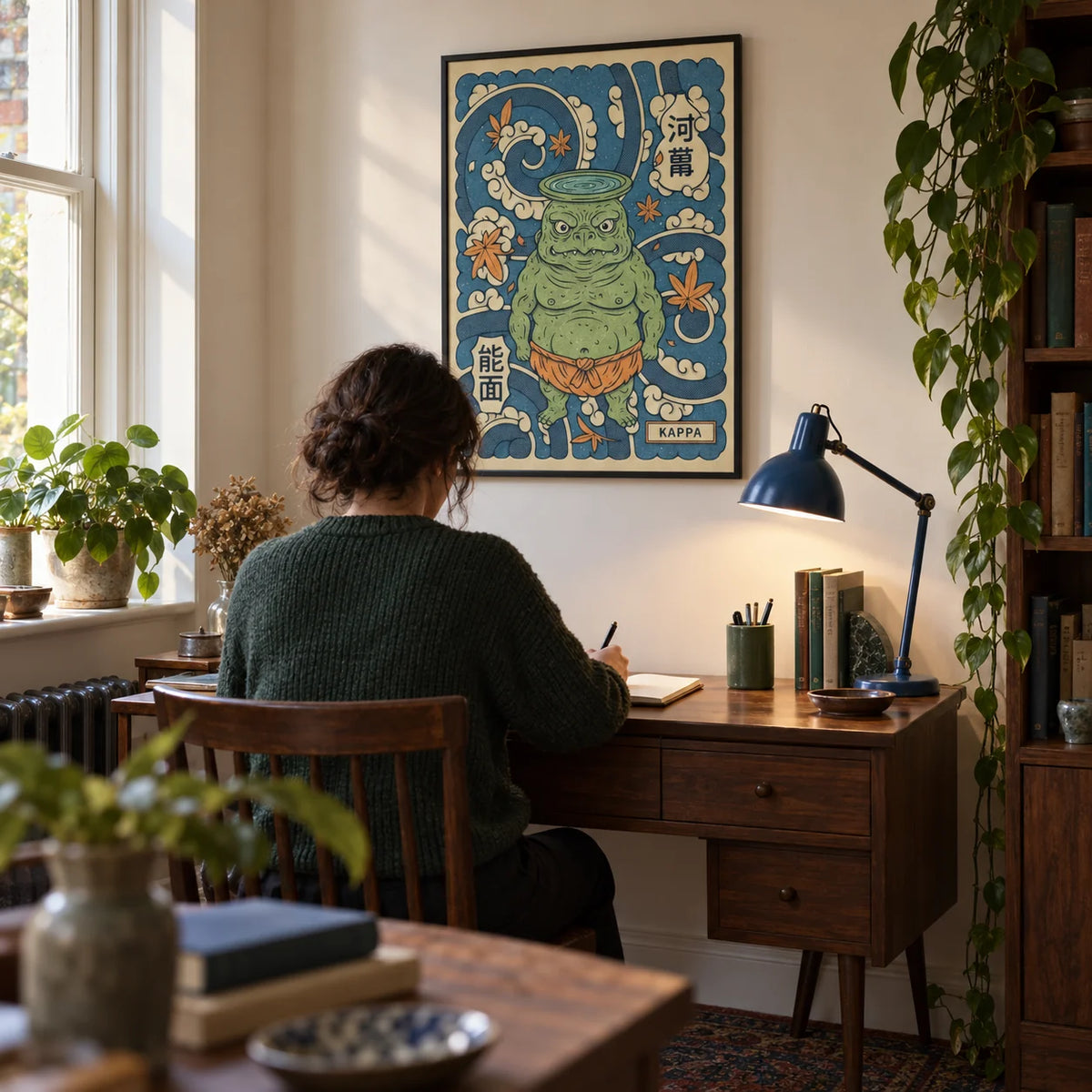 Kappa Art, framed on the wall of a compact home study for a folklore enthusiast (25-40) in a Victorian terrace