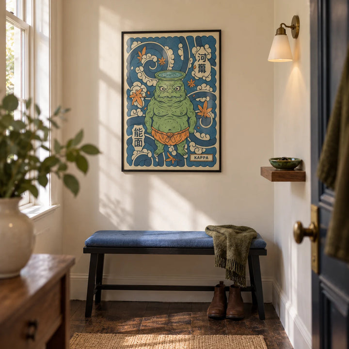 Kappa Art, framed on the wall of a narrow entrance hallway in a renovated UK terrace with cream walls and dark timber floorboards