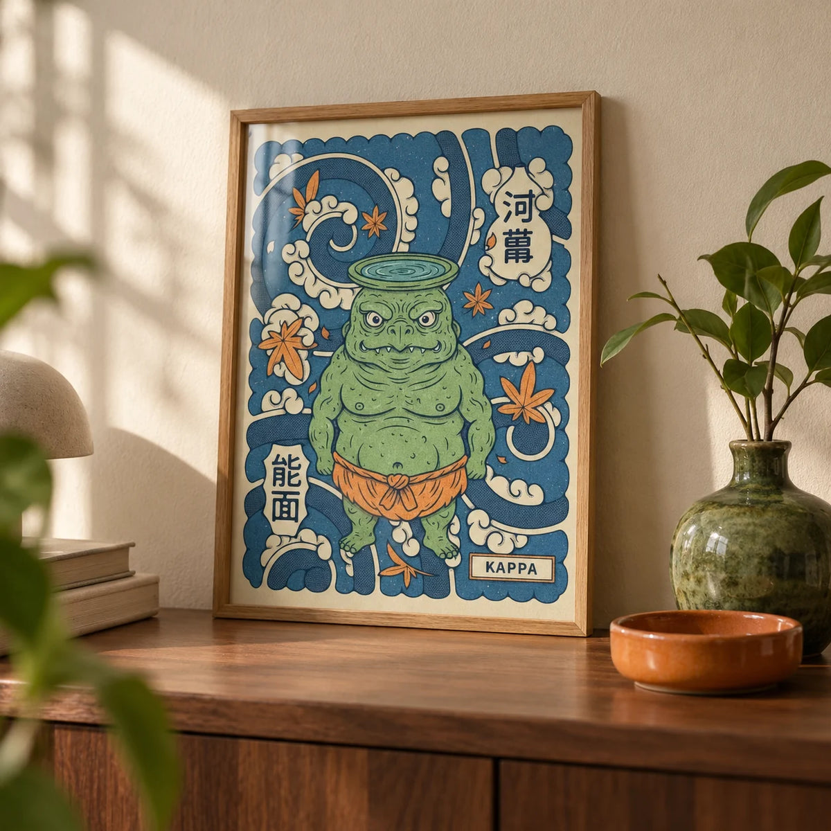 Kappa Art, a small A4 framed print leaning on a walnut shelf in a living room