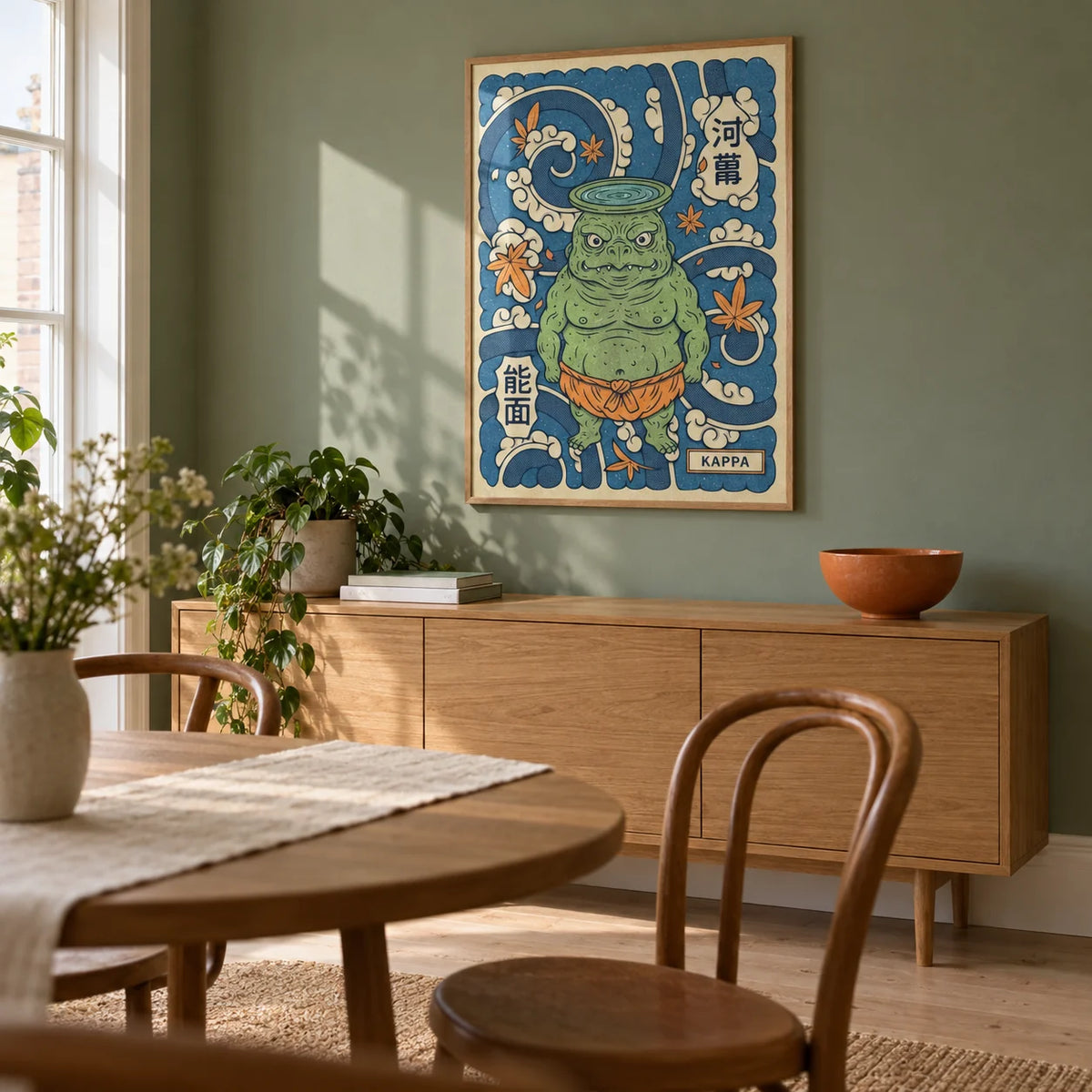 Kappa Art, framed on the wall of a small contemporary dining room in a UK first flat (22-28) with a muted green wall and pale timber floor