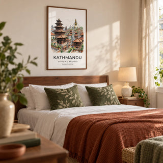 Kathmandu Art Print, framed on the wall of a calm bedroom in a UK town house with a warm white wall and simple wooden furniture