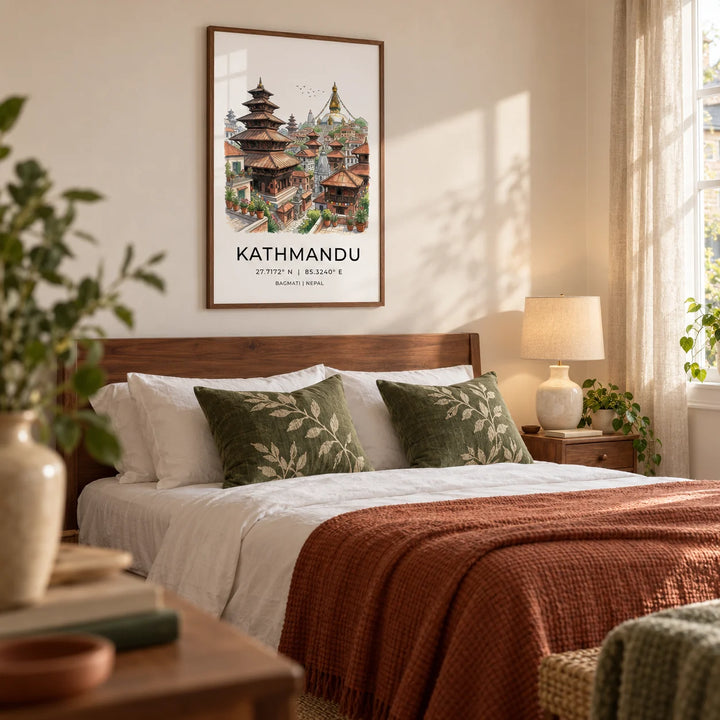 Kathmandu Art Print, framed on the wall of a calm bedroom in a UK town house with a warm white wall and simple wooden furniture