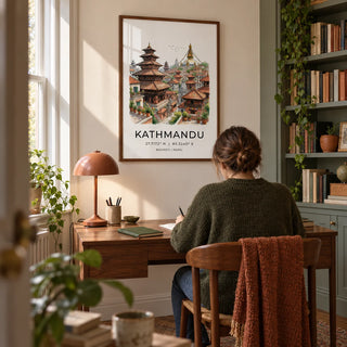 Kathmandu Art Print, framed on the wall of a quiet home study in a UK terrace with a warm white wall and a built-in bookcase to one side