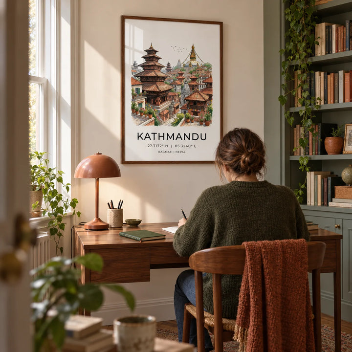 Kathmandu Art Print, framed on the wall of a quiet home study in a UK terrace with a warm white wall and a built-in bookcase to one side