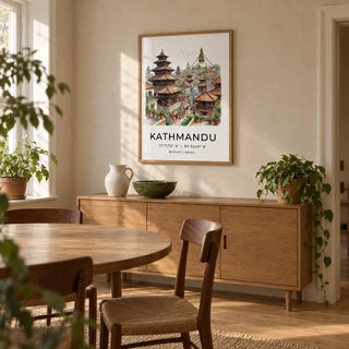 Kathmandu Art Print, framed on the wall of a relaxed dining room in a UK family home with pale clay plaster walls and a simple oak floor