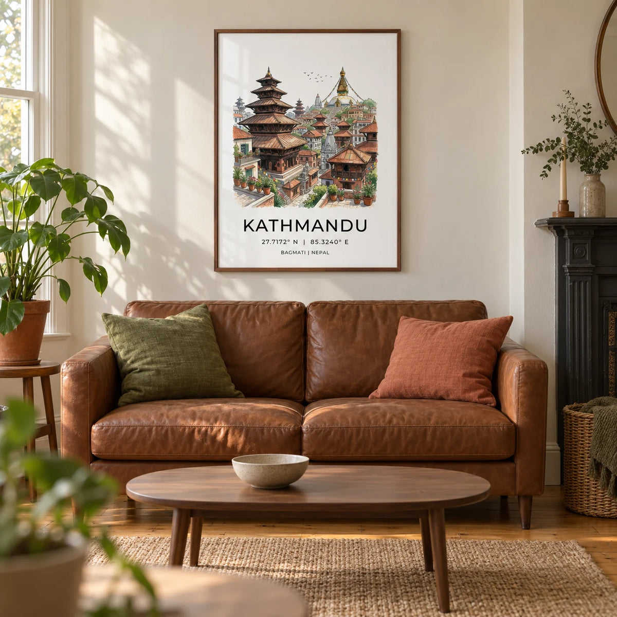 Kathmandu Art Print, framed on the wall of a warm contemporary living room in a UK Victorian terrace with ivory plaster walls and honey-toned floorboards