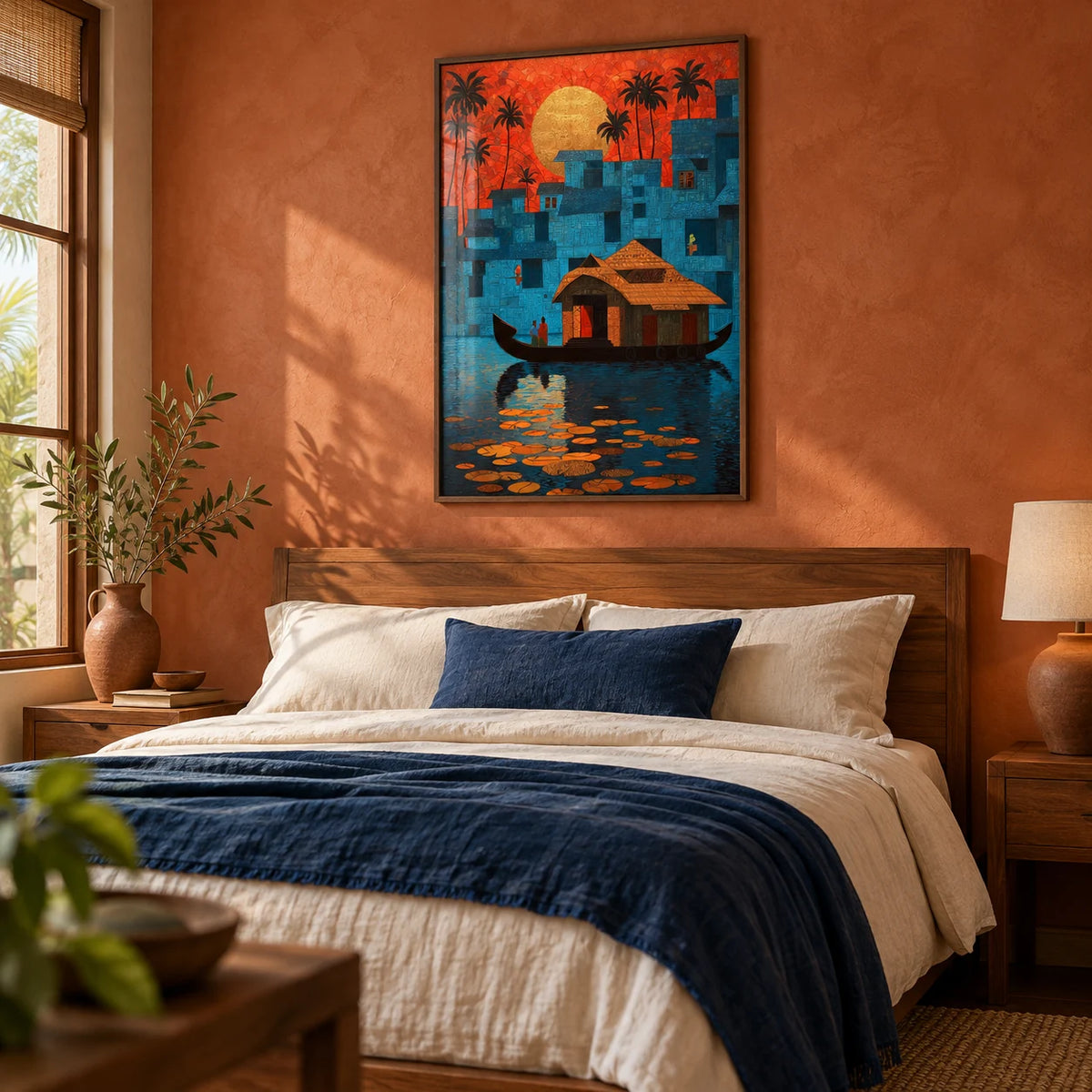 Kerala Wall Art, framed on the wall of a calm bedroom with a warm terracotta limewashed wall