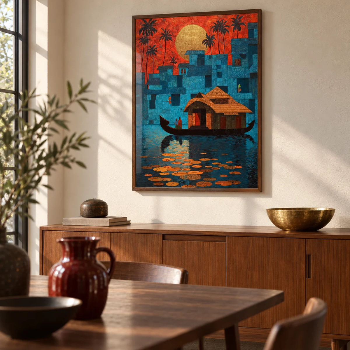 Kerala Wall Art, framed on the wall of a dining room with a warm white plaster wall