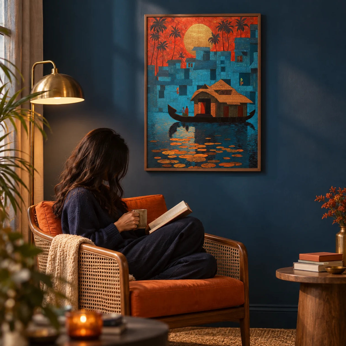 Kerala Wall Art, framed on the wall of a reading corner with an indigo blue wall in a living room
