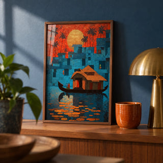 Kerala Wall Art, a small A4 framed print leaning on a teak shelf in a living room