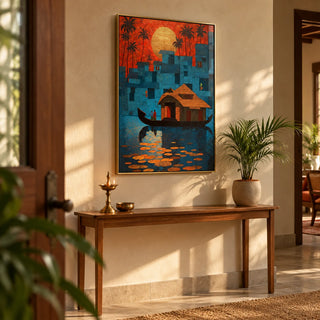 Kerala Wall Art, framed on the wall of a warm hallway with a soft plaster wall