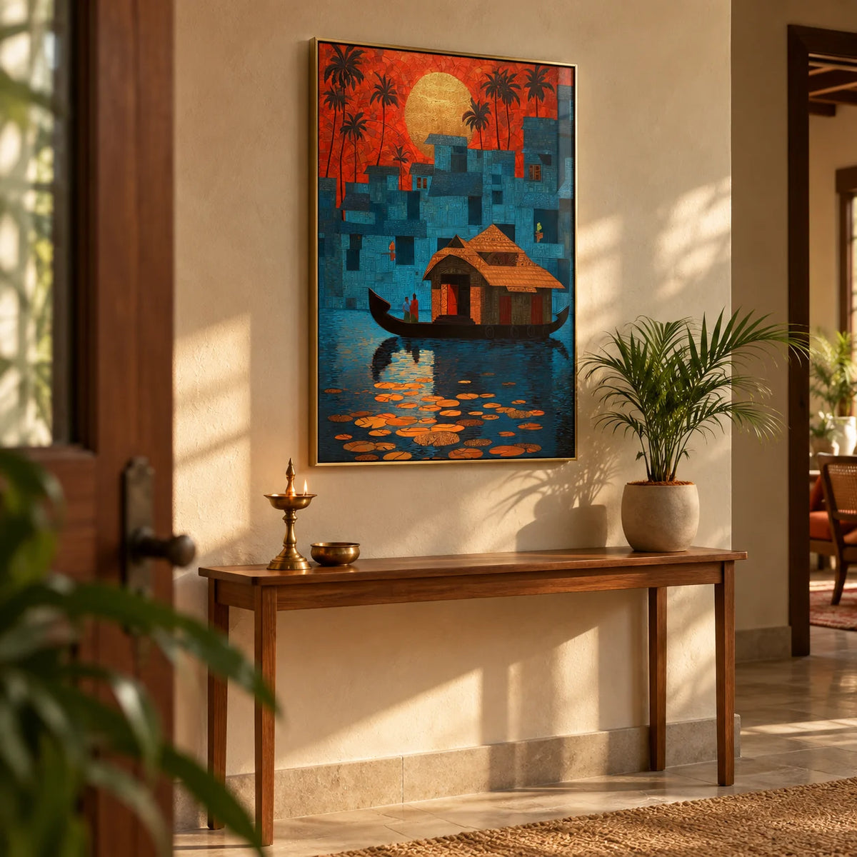 Kerala Wall Art, framed on the wall of a warm hallway with a soft plaster wall