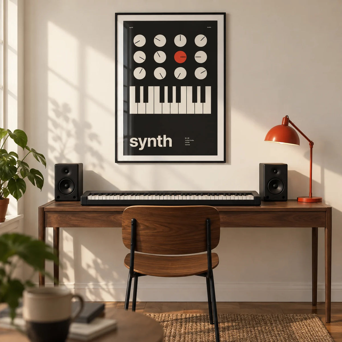 Keyboard Poster, framed on the wall of a compact home music studio in a UK first flat (22-28) in a home office