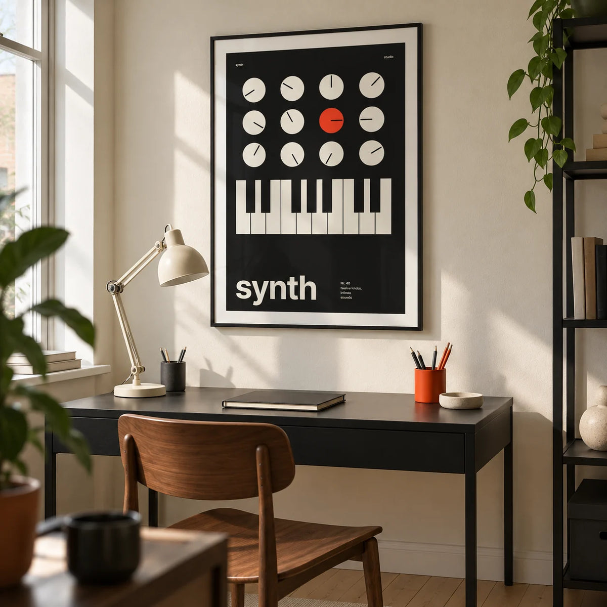 Keyboard Poster, framed on the wall of a crisp graphic designer's home study in a UK terrace with a cream wall and simple black shelving