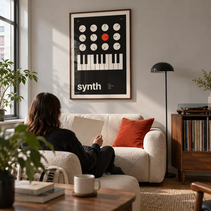 Keyboard Poster, framed on the wall of a design-led living room in a UK city flat with a pale grey wall and oak floor