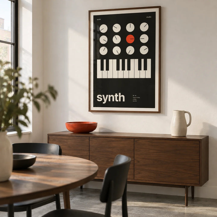 Keyboard Poster, framed on the wall of a modern dining corner in a UK flat with a soft white wall and a concrete floor