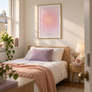Kindness Poster, framed on the wall of a bright single bedroom for a young adult (18-25) in a UK terrace with an off-white wall