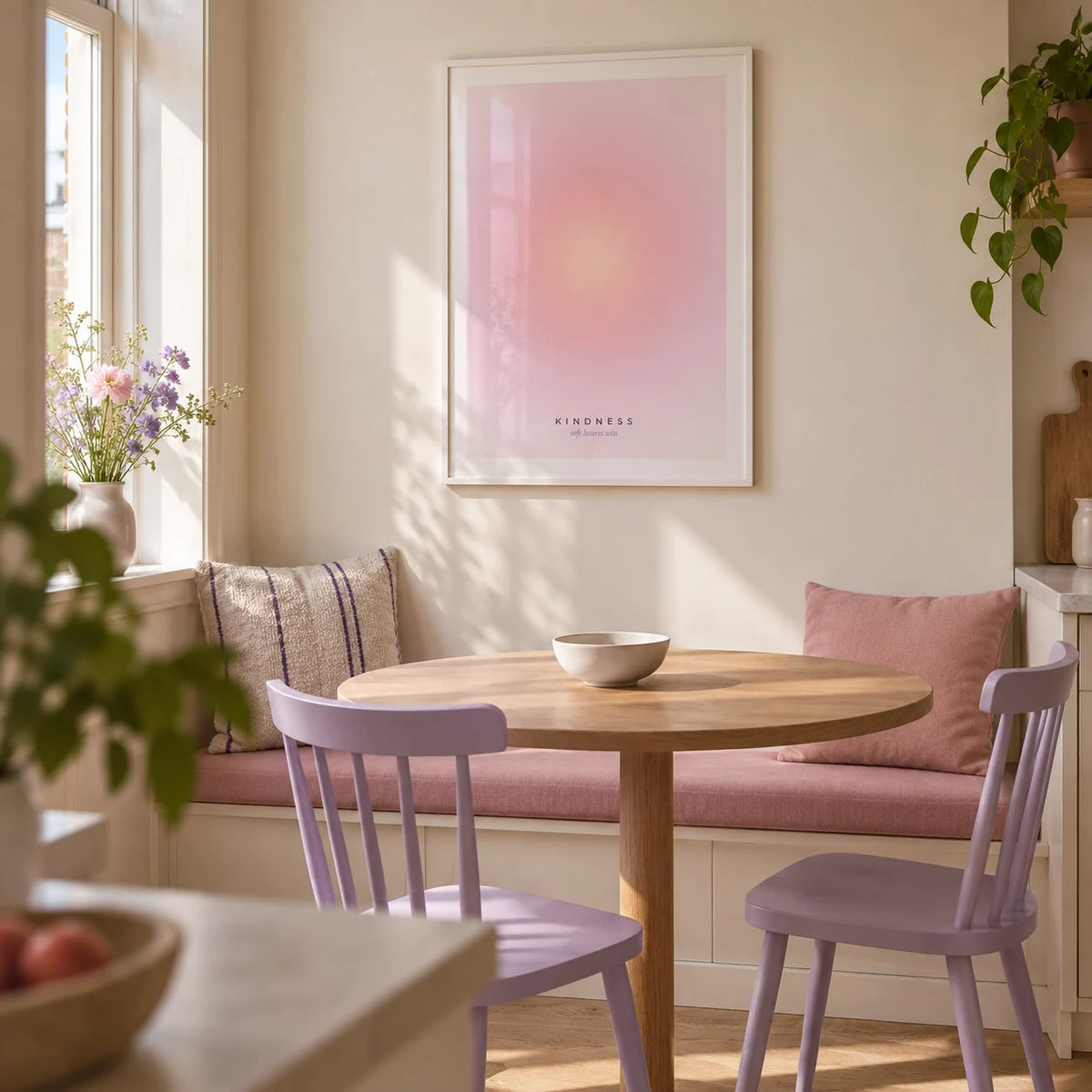 Kindness Poster, framed on the wall of a compact modern dining nook in a UK flat with a warm white wall and a built-in bench