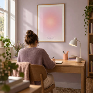Kindness Poster, framed on the wall of a quiet home study in a young professional's UK flat with a pale lilac wall