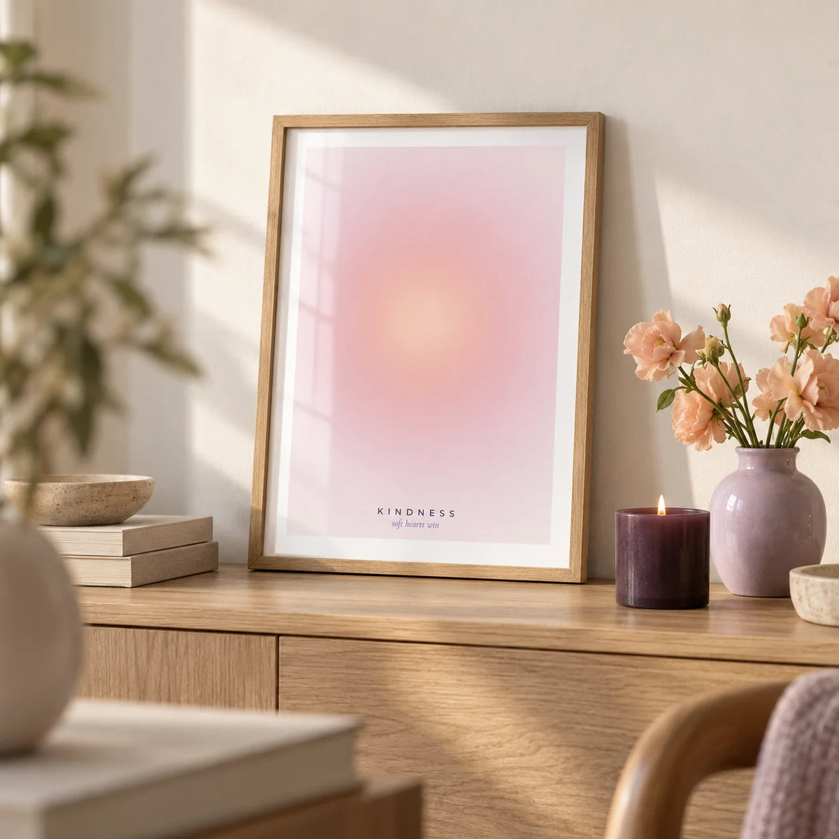 Kindness Poster, a small A4 framed print leaning on a pale oak sideboard in a living room